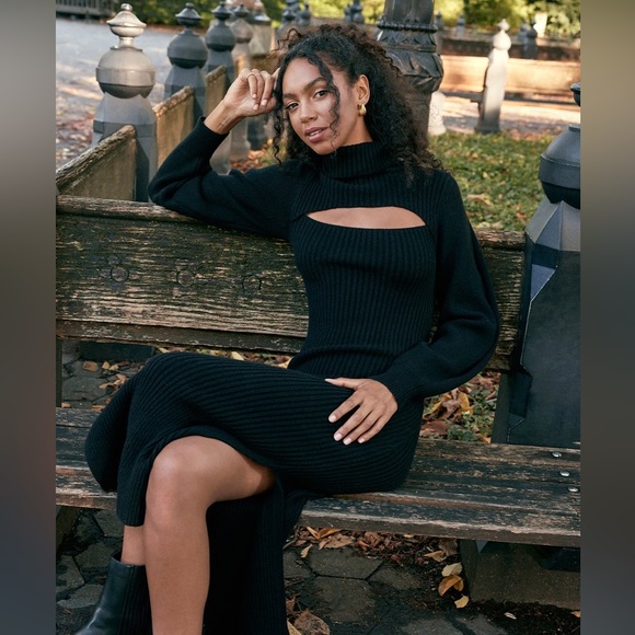 NWT LuLu’s Warm Companion Black Ribbed Knit Bodycon Midi Sweater Dress ~ Medium - Picture 3 of 7